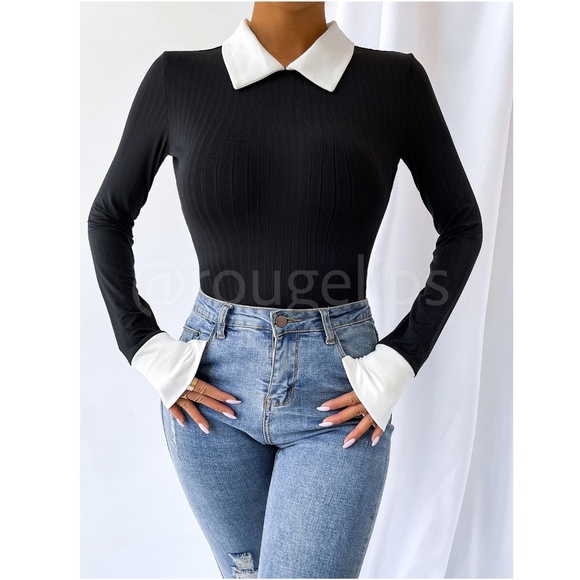 Black Bodysuit White Collar and Cuffs Ribbed Long Sleeve - Picture 7 of 10